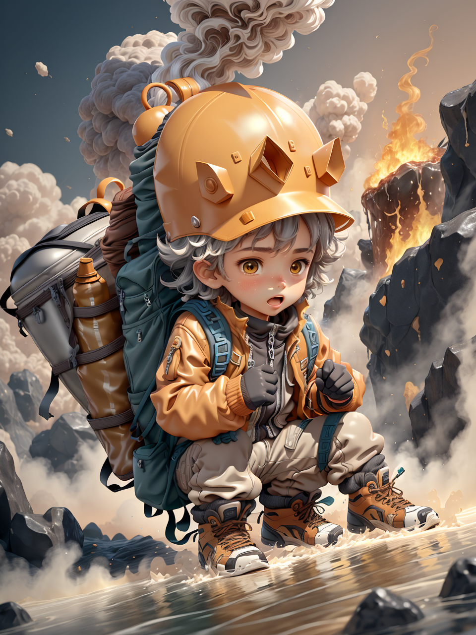 85366-3931146018-A boy,alone and centered around a man,with a slight side view,carrying a backpack,is on the land of volcanic magma,where the mag.png